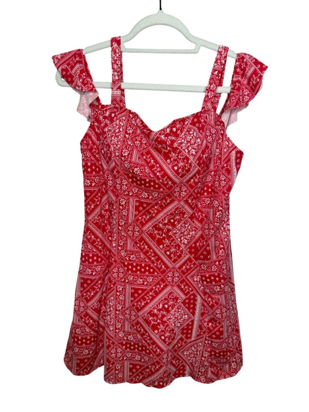 Denim & Co Beach 12 Red Bandana Print Swim Romper Boho Skirted Swimsuit Resort